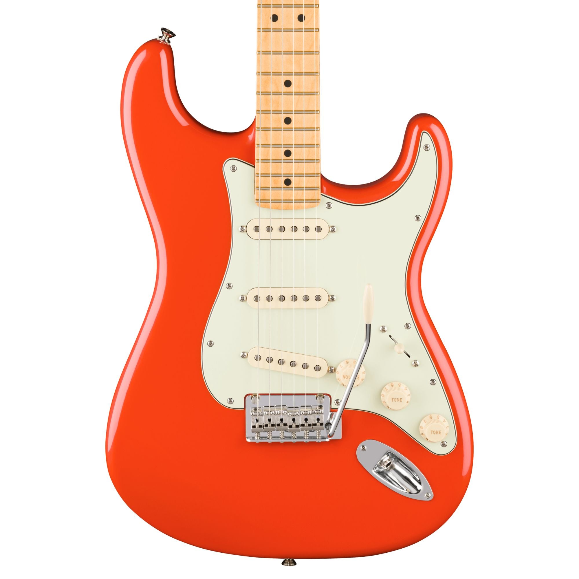 Fender Player II Stratocaster electric guitar with maple fingerboard in Rallye Orange finish, showcasing body and neck details.