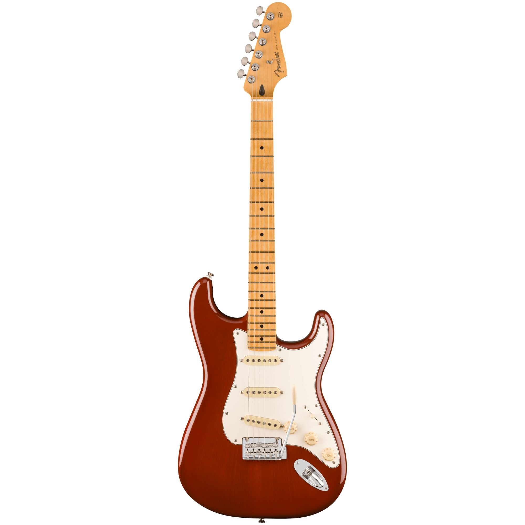 Fender Player II Stratocaster electric guitar with maple fingerboard in transparent mocha burst finish, showcasing its sleek body and hardware.