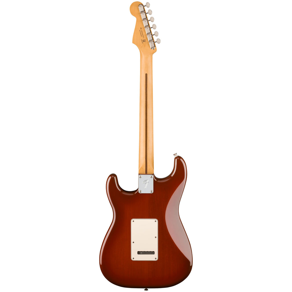 Fender Player II Stratocaster electric guitar with maple fingerboard in transparent mocha burst finish, showing the body and neck details.