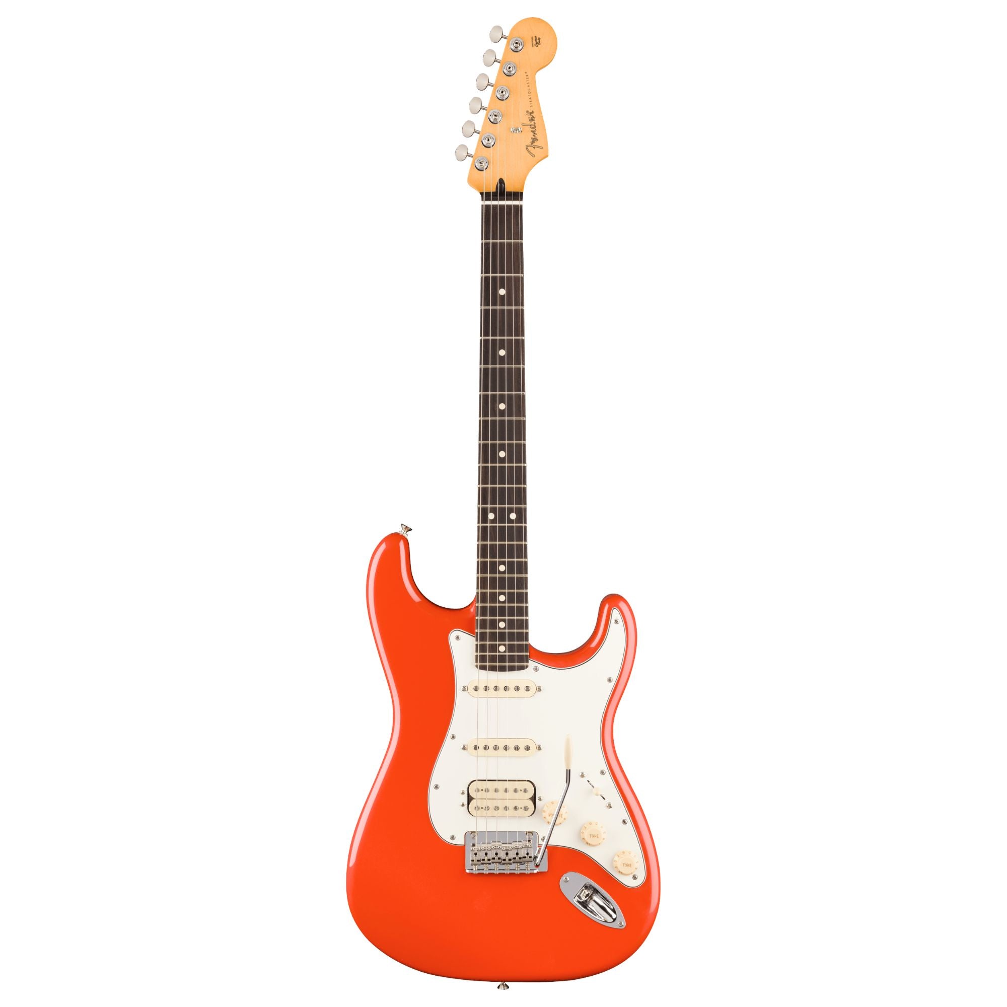 Fender Player II Stratocaster HSS electric guitar with rosewood fingerboard in rallye orange color, featuring a sleek solid body design.
