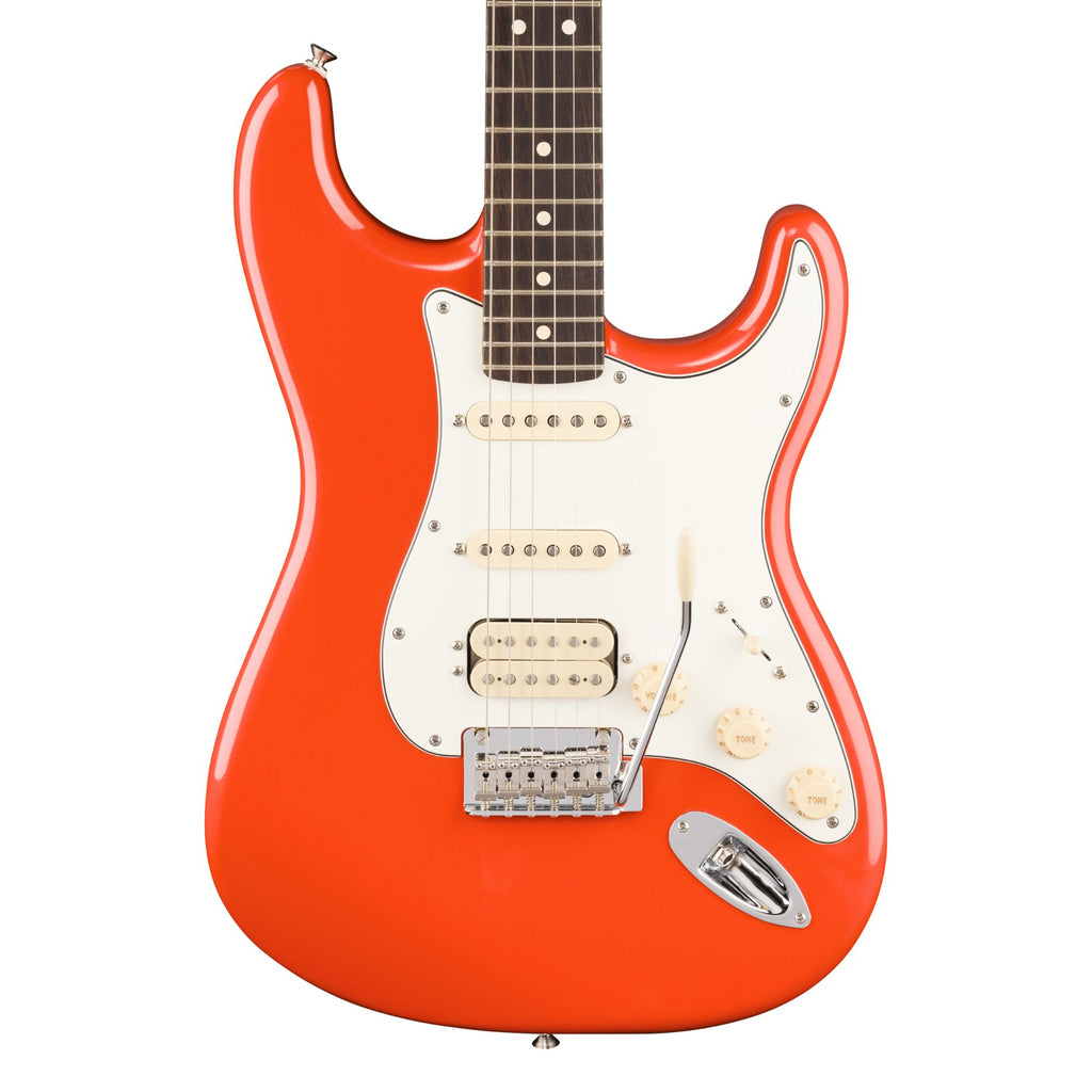 Fender Player II Stratocaster HSS electric guitar with rosewood fingerboard in Rallye Orange color, showcasing its body and hardware.