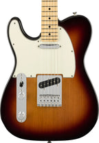 Fender Player Telecaster LH electric guitar with maple fretboard in 3-color burst finish, showcasing the body and neck details.