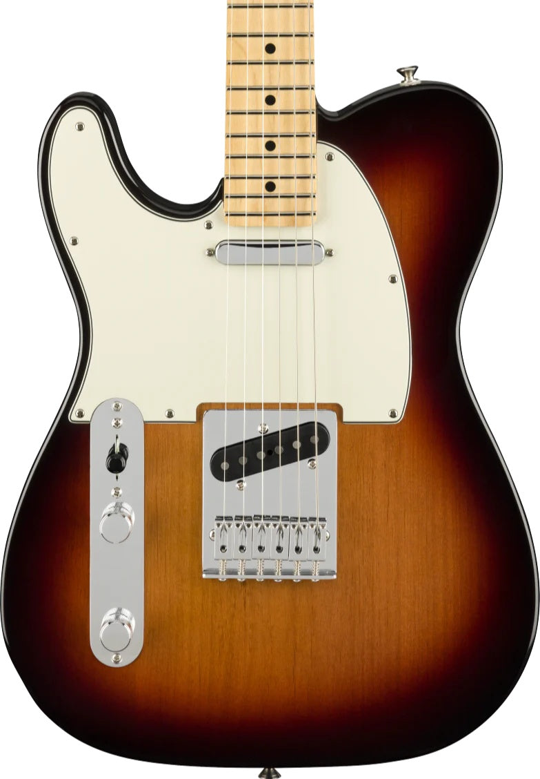 Fender Player Telecaster LH electric guitar with maple fretboard in 3-color burst finish, showcasing the body and neck details.