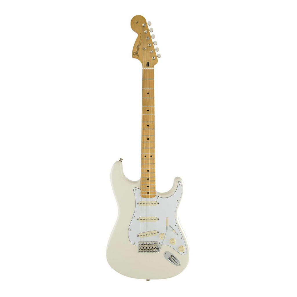 Fender Jimi Hendrix Stratocaster electric guitar with maple fretboard in Olympic White, showcasing its iconic design and hardware.