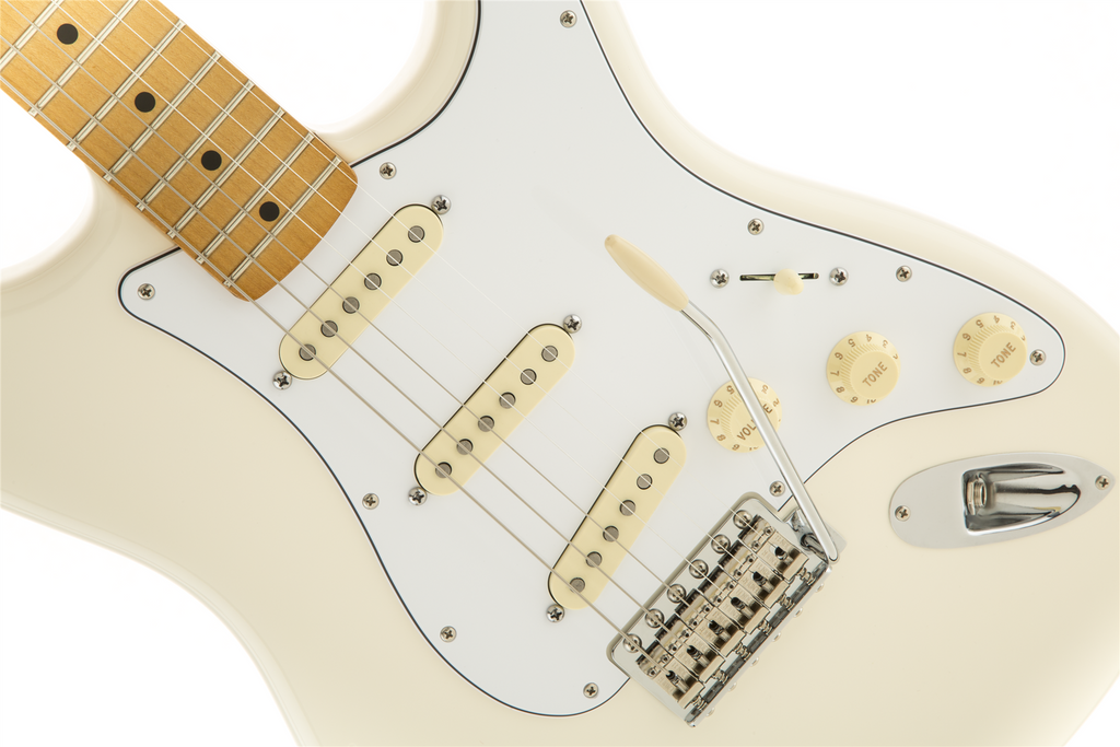 Fender Jimi Hendrix Stratocaster electric guitar with maple fretboard in Olympic White, featuring vintage-style pickups and control knobs.