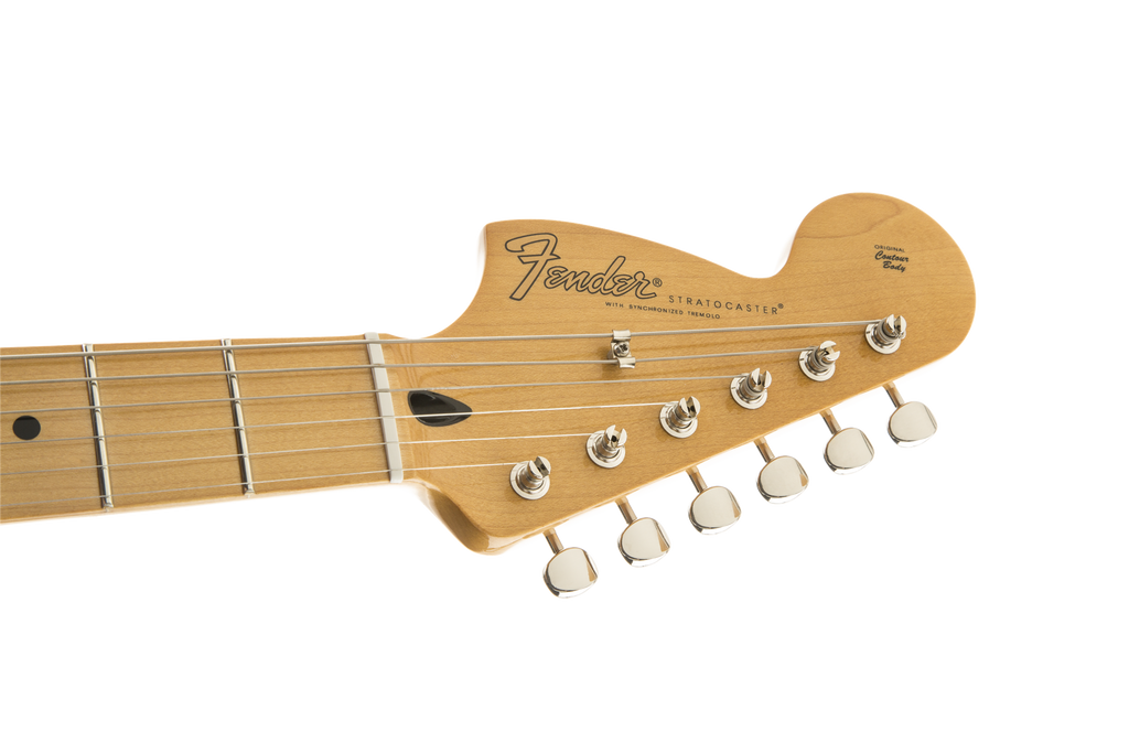 Fender Jimi Hendrix Stratocaster electric guitar with maple fretboard in Olympic White, showcasing its sleek body and iconic design.