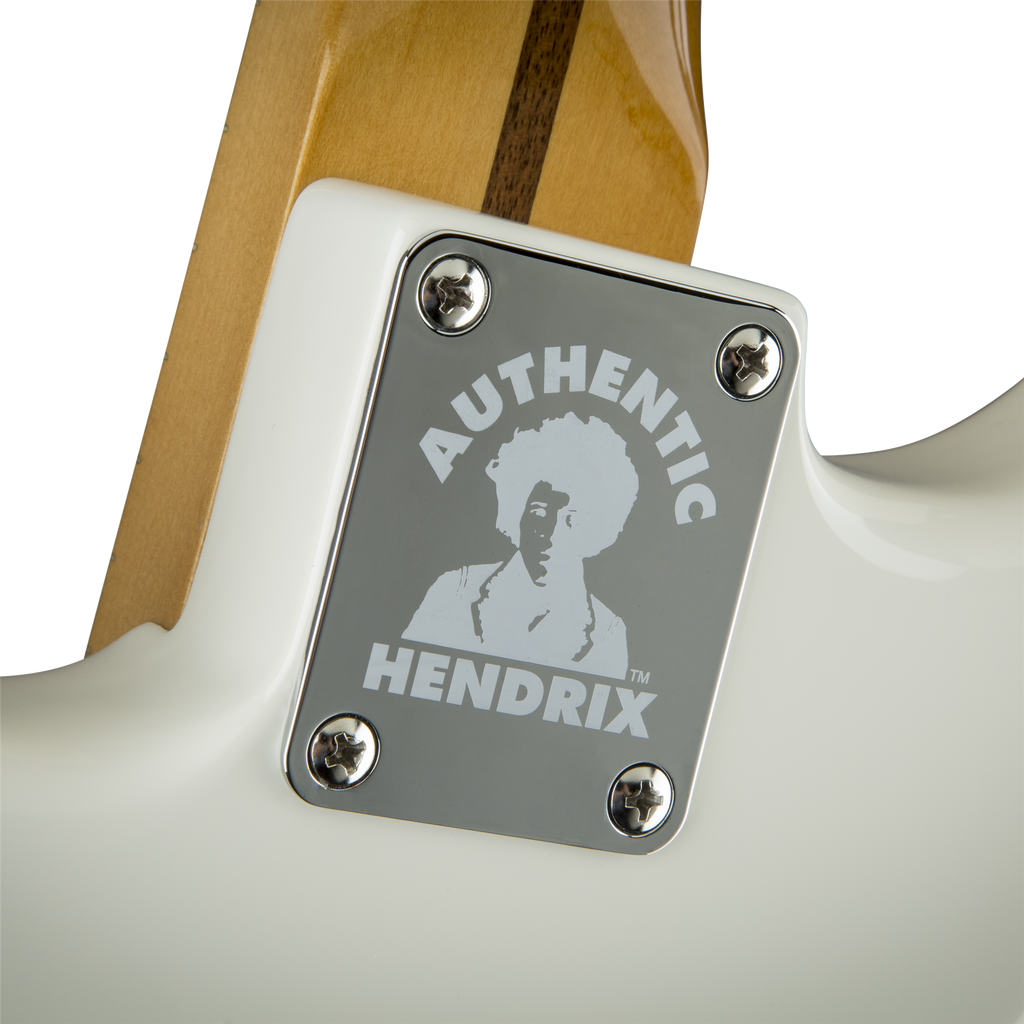 Fender Jimi Hendrix Stratocaster electric guitar with maple fretboard in Olympic White, showcasing its iconic body and features.