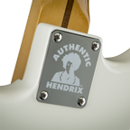 Fender Jimi Hendrix Stratocaster electric guitar with maple fretboard in Olympic White, showcasing its iconic body and features.