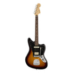 Fender Player Jaguar electric guitar with Pau Ferro fretboard in a 3-color burst finish, showcasing the body and neck details.