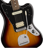 Fender Player Jag electric guitar with pau ferro fretboard in a vibrant 3-color burst finish, showcasing its sleek body and hardware.