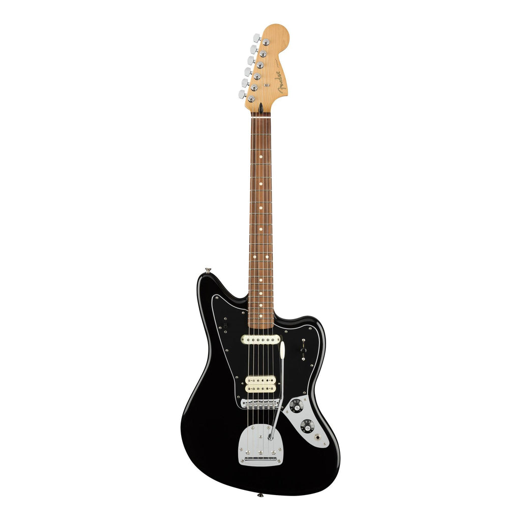 Fender Player Jag electric guitar in black with Pau Ferro fretboard, showcasing its sleek body and modern design.