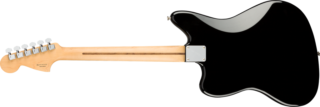 Fender Player Jag electric guitar in black with Pau Ferro fretboard, showcasing its sleek body and detailed hardware.