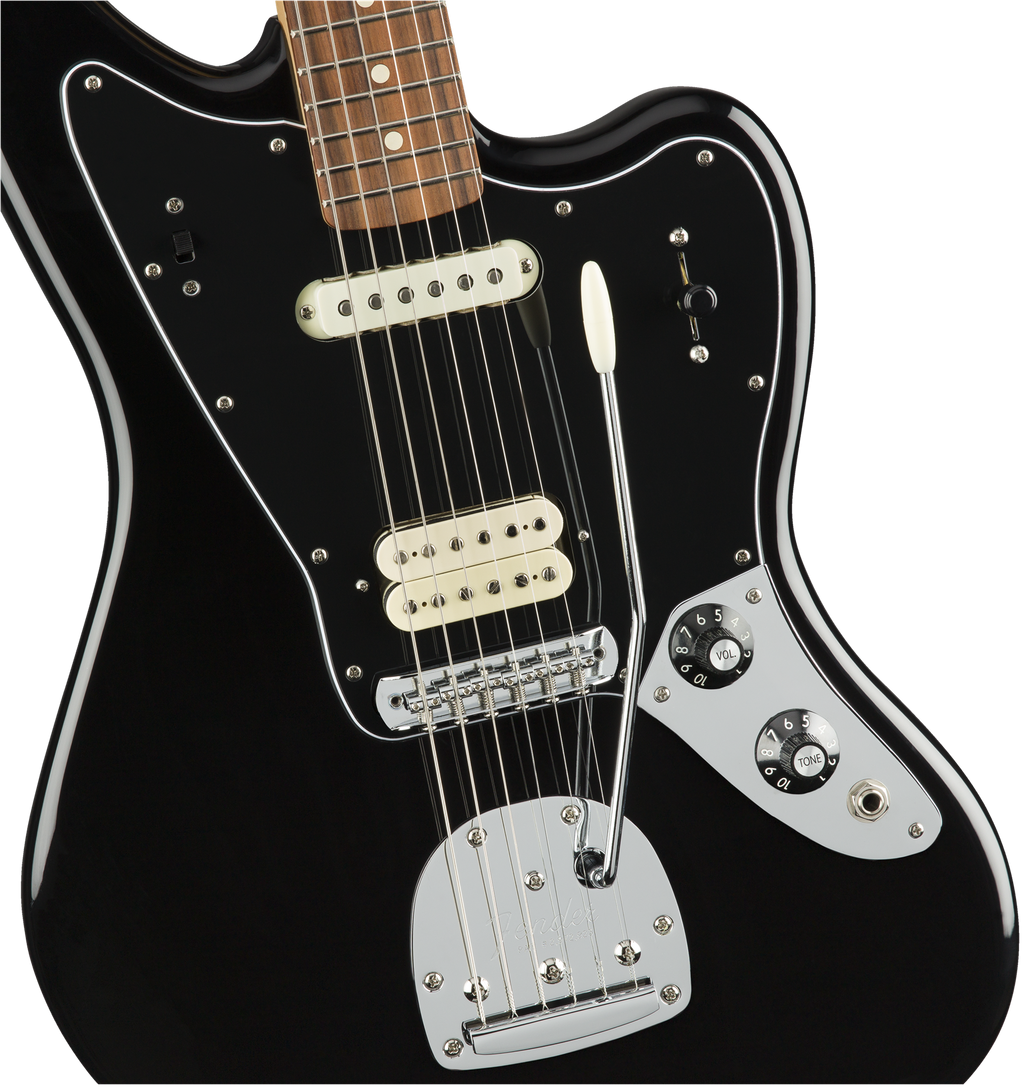 Fender Player Jag electric guitar in black with Pau Ferro fretboard, showcasing the sleek body and distinctive design.