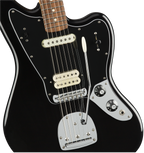 Fender Player Jag electric guitar in black with Pau Ferro fretboard, showcasing the sleek body and distinctive design.