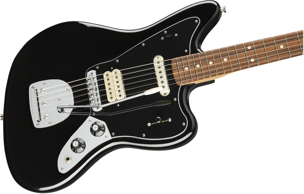 Fender Player Jag electric guitar in black with Pau Ferro fretboard, showing the body, pickups, and control knobs.