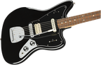 Fender Player Jag electric guitar in black with Pau Ferro fretboard, showing the body, pickups, and control knobs.