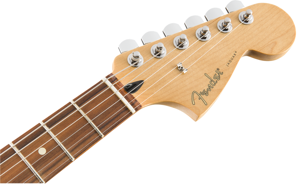 Fender Player Jag electric guitar in black with Pau Ferro fretboard, featuring a sleek body and modern hardware.