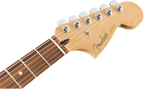 Fender Player Jag electric guitar in black with Pau Ferro fretboard, featuring a sleek body and modern hardware.