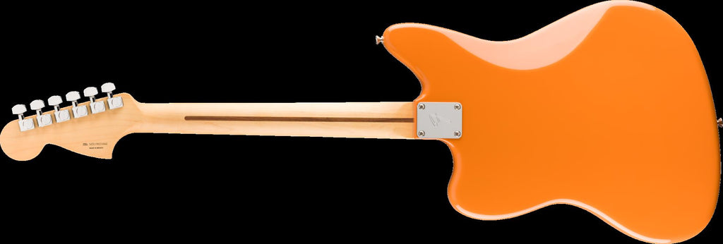 Fender Player Jag electric guitar with Capri Orange finish and Pau Ferro fretboard, showcasing its sleek body and dual pickups.