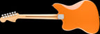 Fender Player Jag electric guitar with Capri Orange finish and Pau Ferro fretboard, showcasing its sleek body and dual pickups.
