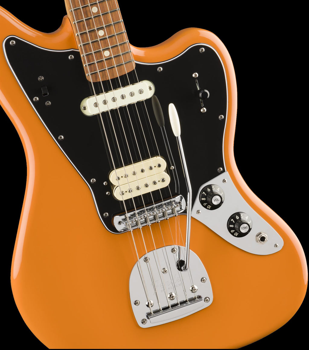 Fender Player Jag electric guitar in Capri Orange with Pau Ferro fretboard, featuring a sleek body and dual pickups.