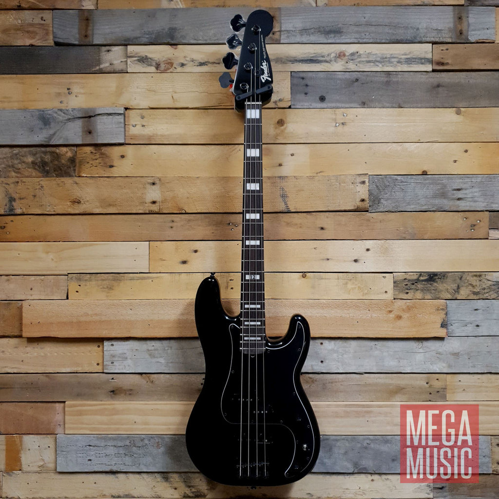 Fender Duff McKagan Deluxe P Bass guitar in black with a rosewood fretboard, showcasing its sleek design and hardware.