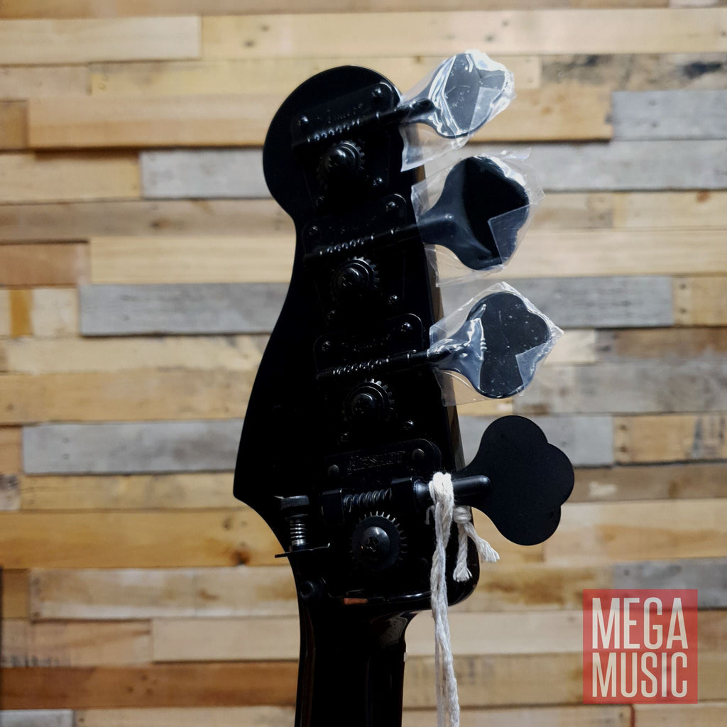 Fender Duff McKagan Deluxe P Bass in black with rosewood fretboard, showcasing body shape and hardware details.