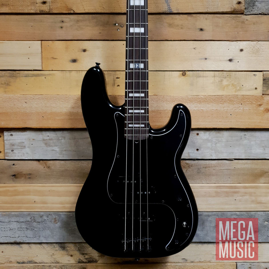 Fender Duff McKagan Deluxe P Bass in black with rosewood fretboard, showcasing the body and neck design.