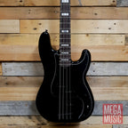 Fender Duff McKagan Deluxe P Bass in black with rosewood fretboard, showcasing the body and neck design.