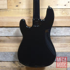 Fender Duff McKagan Deluxe P Bass in black with rosewood fretboard, showcasing body shape and fingerboard details.