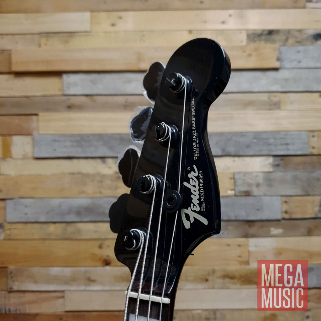 Fender Duff McKagan Deluxe P Bass guitar in black with rosewood fretboard, showcasing its sleek design and craftsmanship.