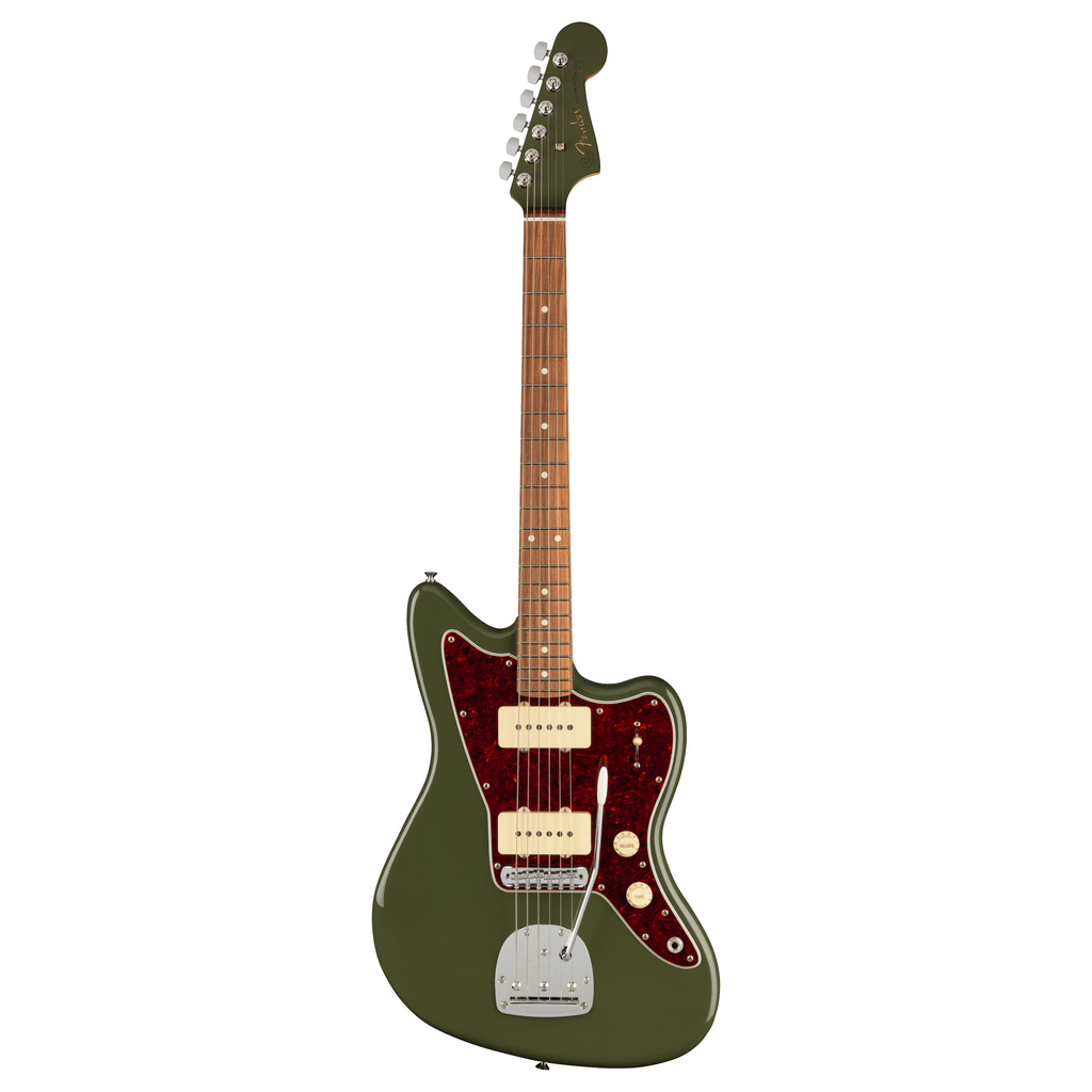 Fender LTD Player Jazzmaster electric guitar with olive green finish and Pau Ferro fretboard, showcasing its body and hardware.
