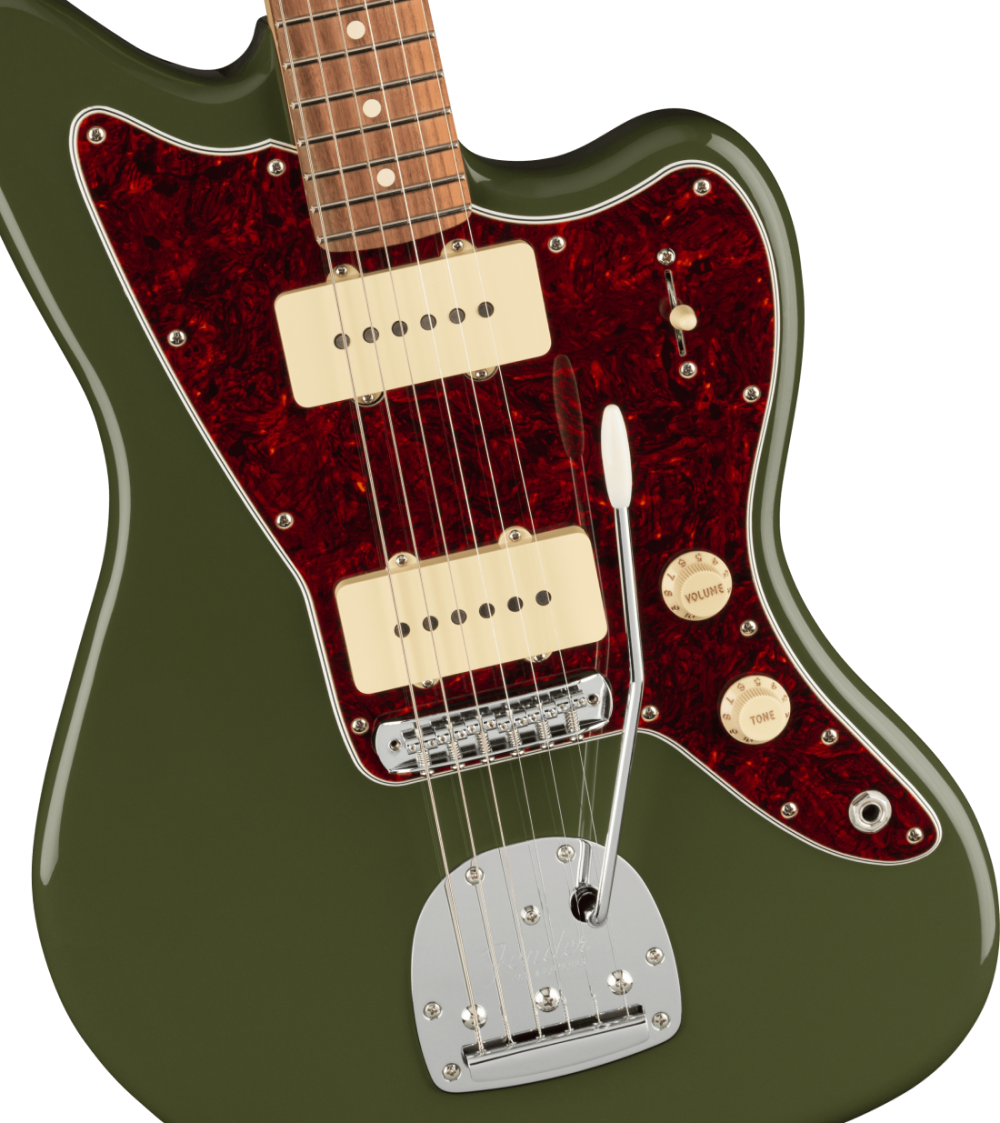 Fender LTD Player Jazzmaster electric guitar in olive green with Pau Ferro fretboard and chrome hardware.
