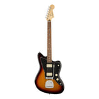 Fender Player Jazz electric guitar with Pau Ferro fretboard in a three-color burst finish, showcasing the body and neck.
