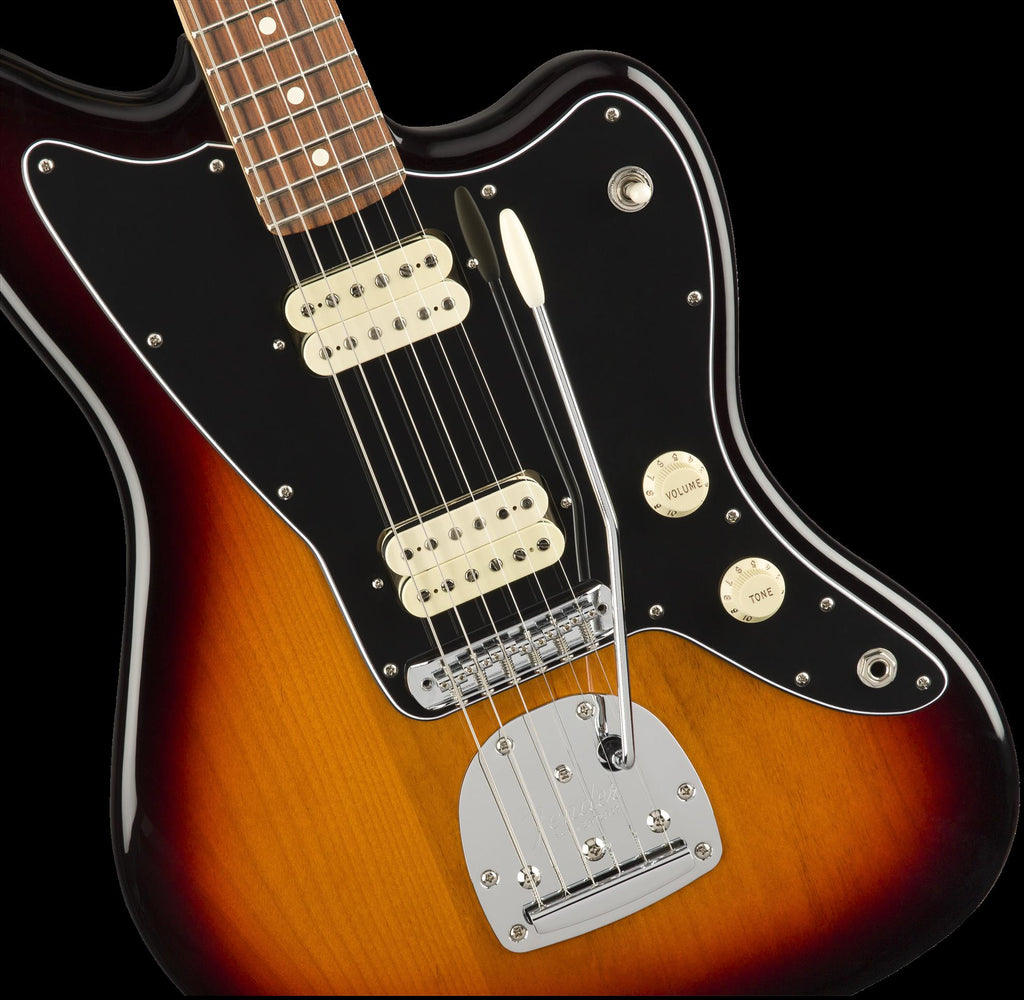 Fender Player Jazz Electric Guitar in 3 Colour Burst with Pau Ferro fretboard, shown from the front with detailed body and neck.