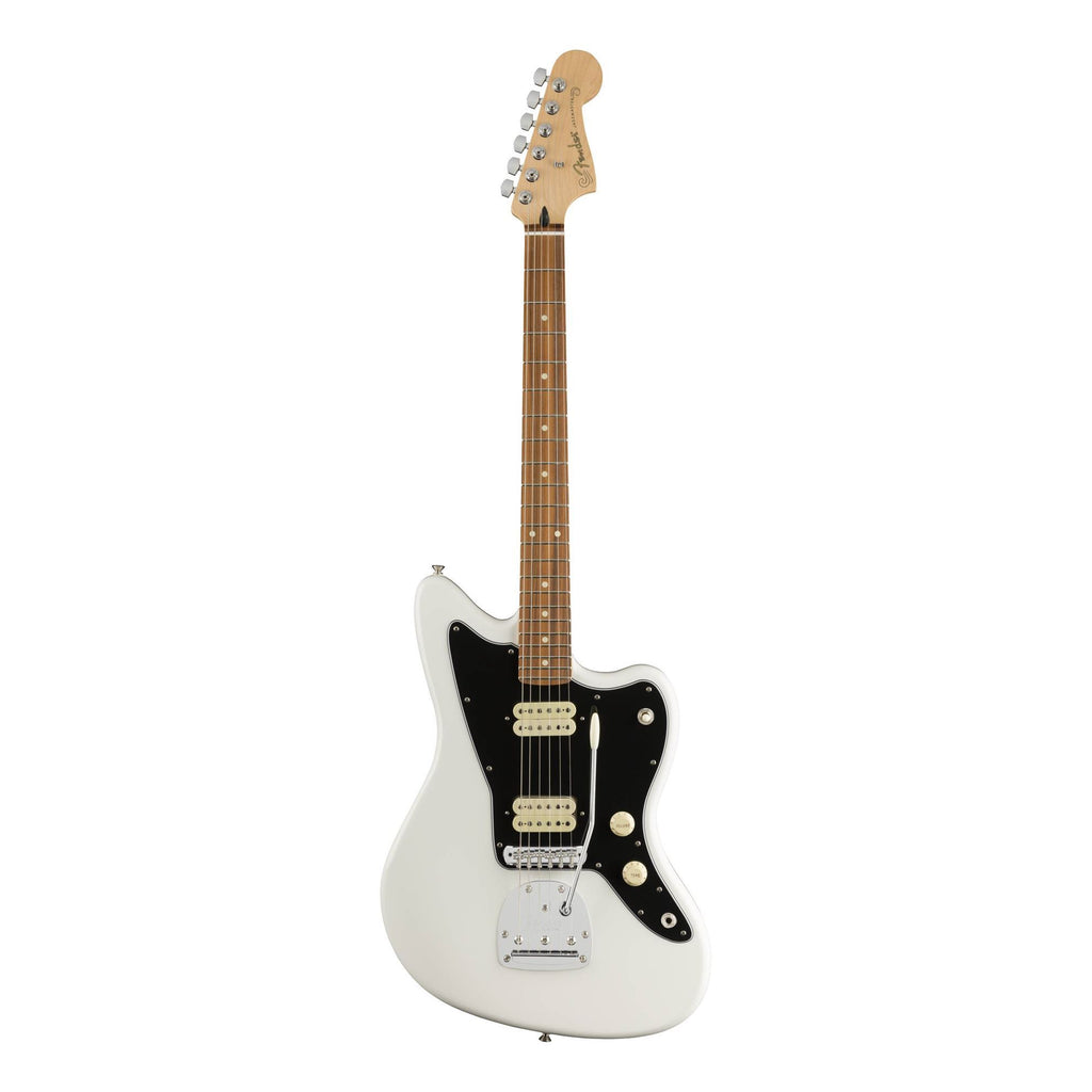 Fender Player Jazz electric guitar in polar white with pau ferro fretboard, showcasing its sleek design and double-cutaway body.