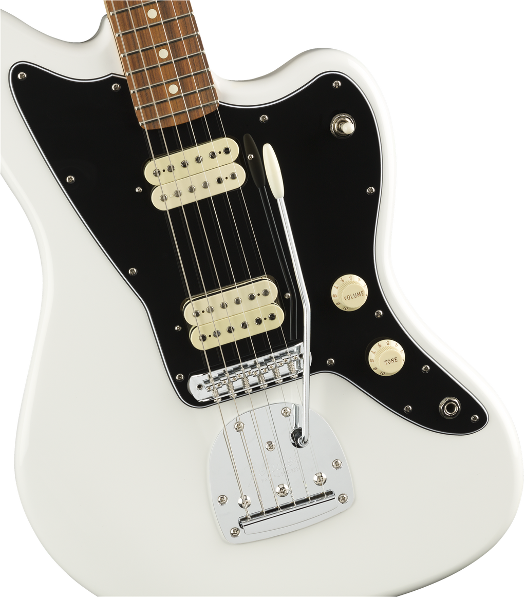 Fender Player Jazz Electric Guitar in polar white with pau ferro fretboard, showcasing the body, pickups, and tuning pegs.