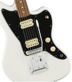 Fender Player Jazz Electric Guitar in polar white with pau ferro fretboard, showcasing the body, pickups, and tuning pegs.