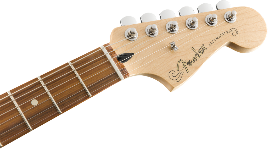 Fender Player Jazz electric guitar in polar white with pau ferro fretboard, showing the body and neck details.