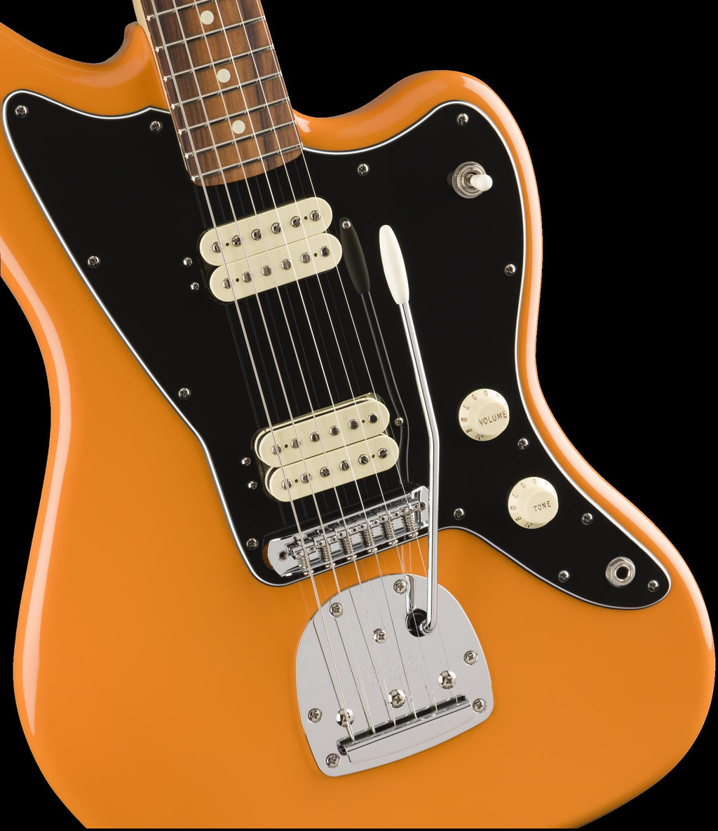 Fender Player Jazz electric guitar in Capri Orange with Pau Ferro fretboard, showcasing its sleek body and stylish design.