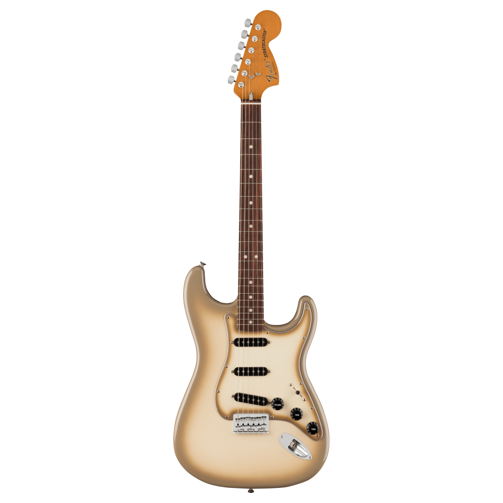 Fender 70th Anniversary Antigua Stratocaster electric guitar with Antigua finish, showcasing its classic body and maple neck.