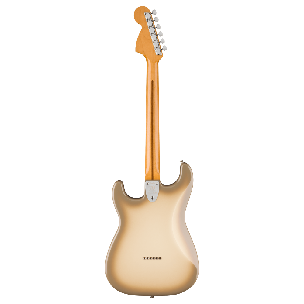 Fender 70th Anniversary Antigua Stratocaster electric guitar with Antigua finish, showcasing the iconic body and maple neck.