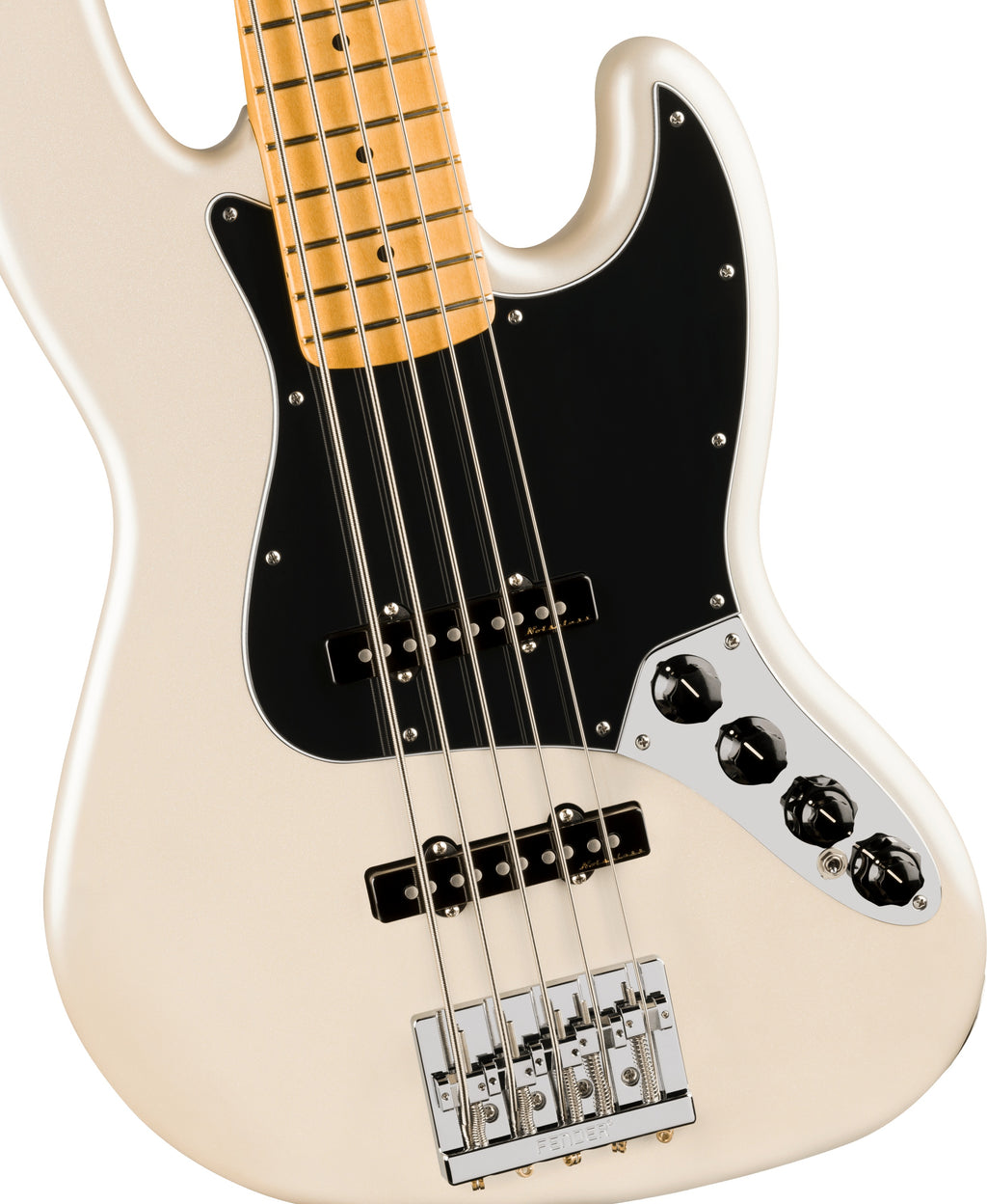 Fender Player II Modified Active Jazz Bass V in Olympic Pearl with maple fretboard, showcasing its sleek design and glossy finish.