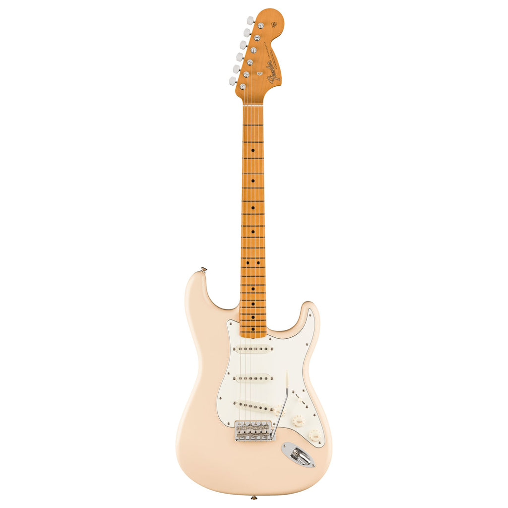 Fender Vintera III Late '60s Stratocaster electric guitar with maple fingerboard in Olympic White finish, showcasing its vintage style and design.