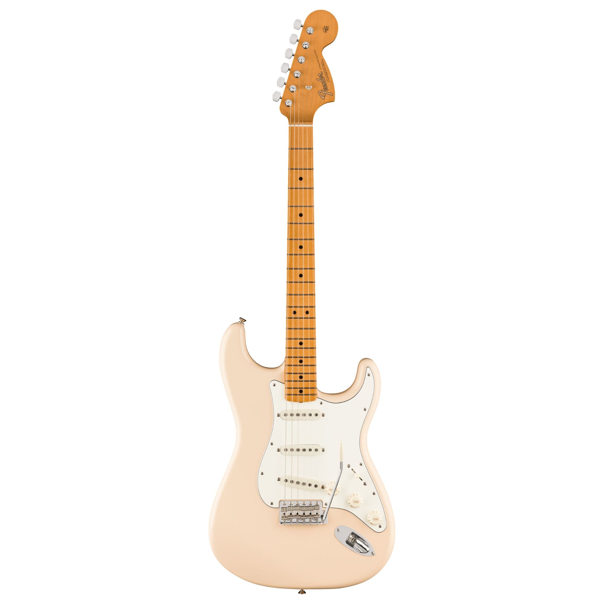 Fender Vintera III Late '60s Stratocaster electric guitar with maple fingerboard in Olympic White finish, showcasing its vintage style and design.