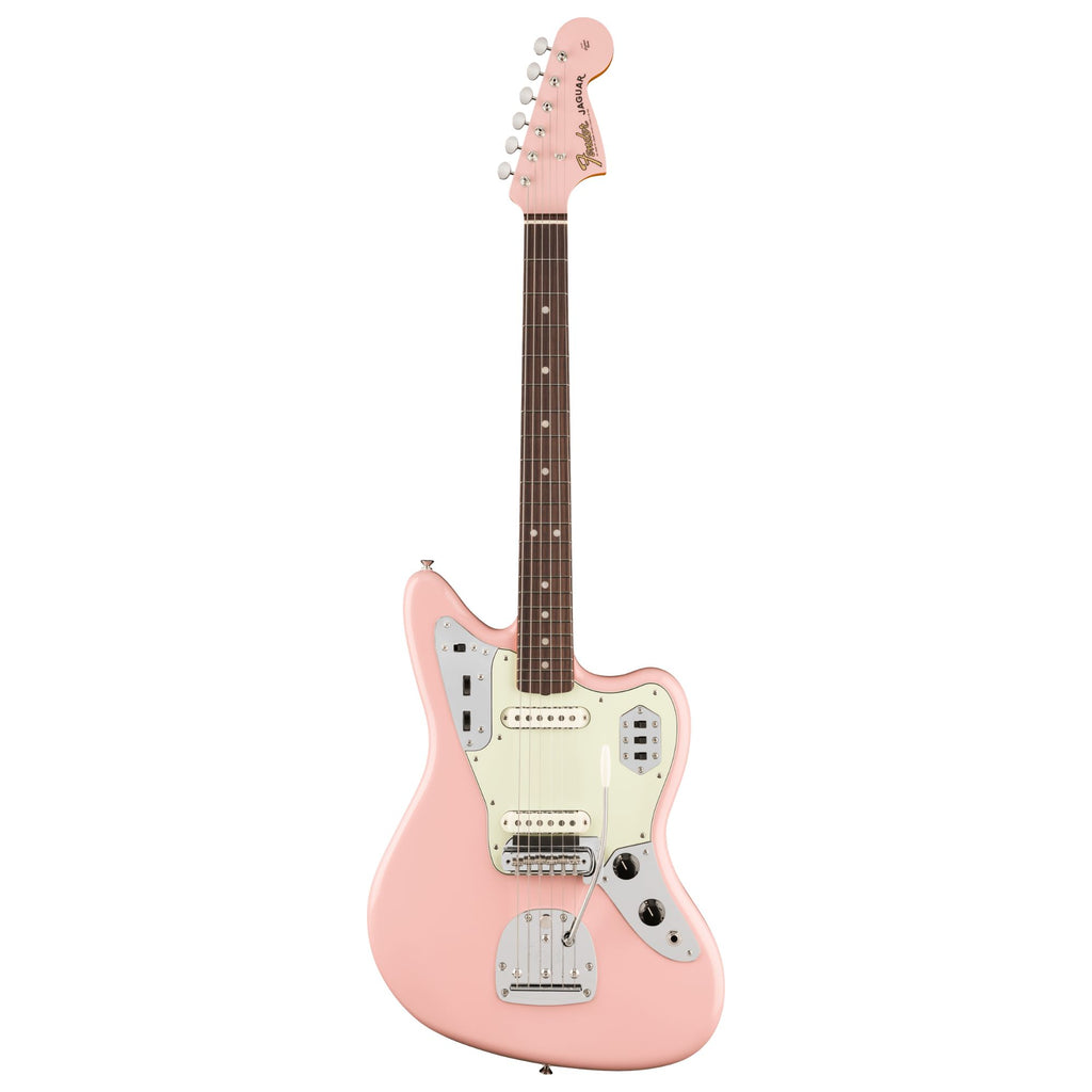 Fender Vintera III Mid '60s Jaguar electric guitar with rosewood fingerboard and shell pink finish, vintage style and classic design.