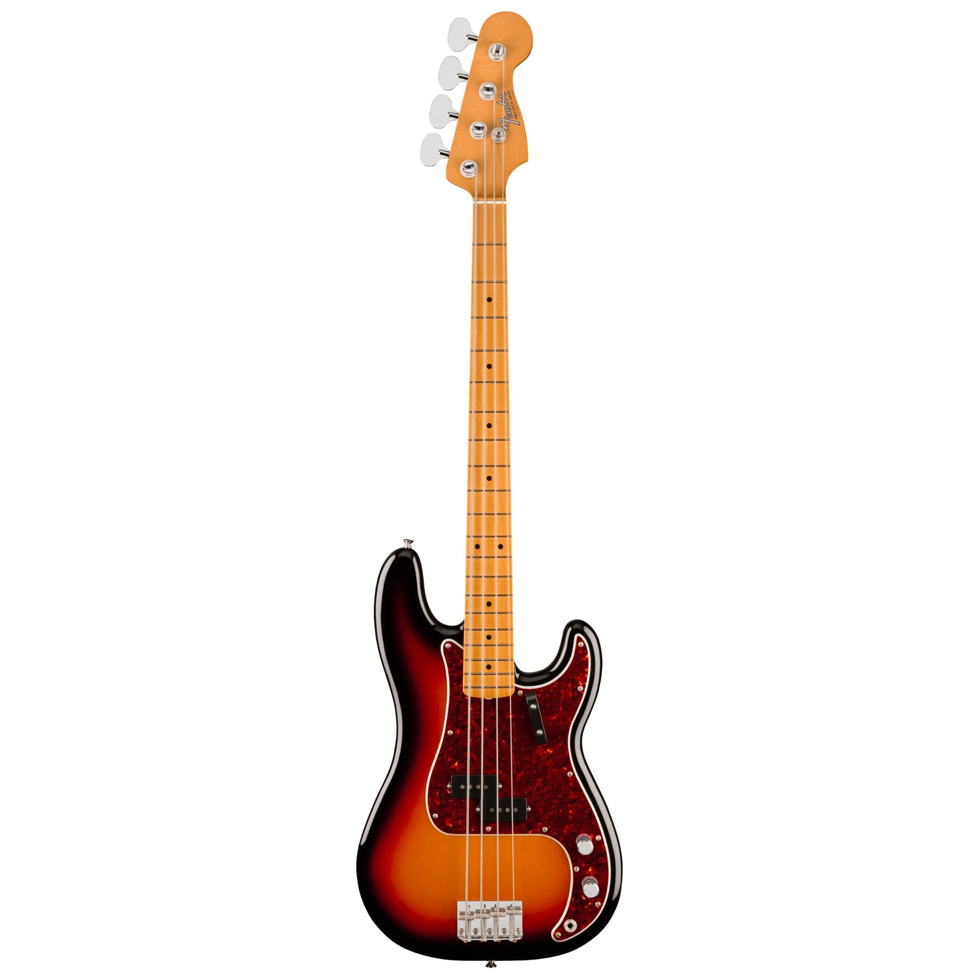Fender Vintera III Late '60s Precision Bass with maple fingerboard in 3-color sunburst finish, showcasing vintage-style electric bass guitar.