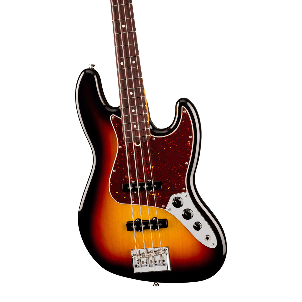 Fender American Pro Jazz Bass RW in 3-Color Sunburst finish, electric bass guitar with rosewood fingerboard and modern hardware.