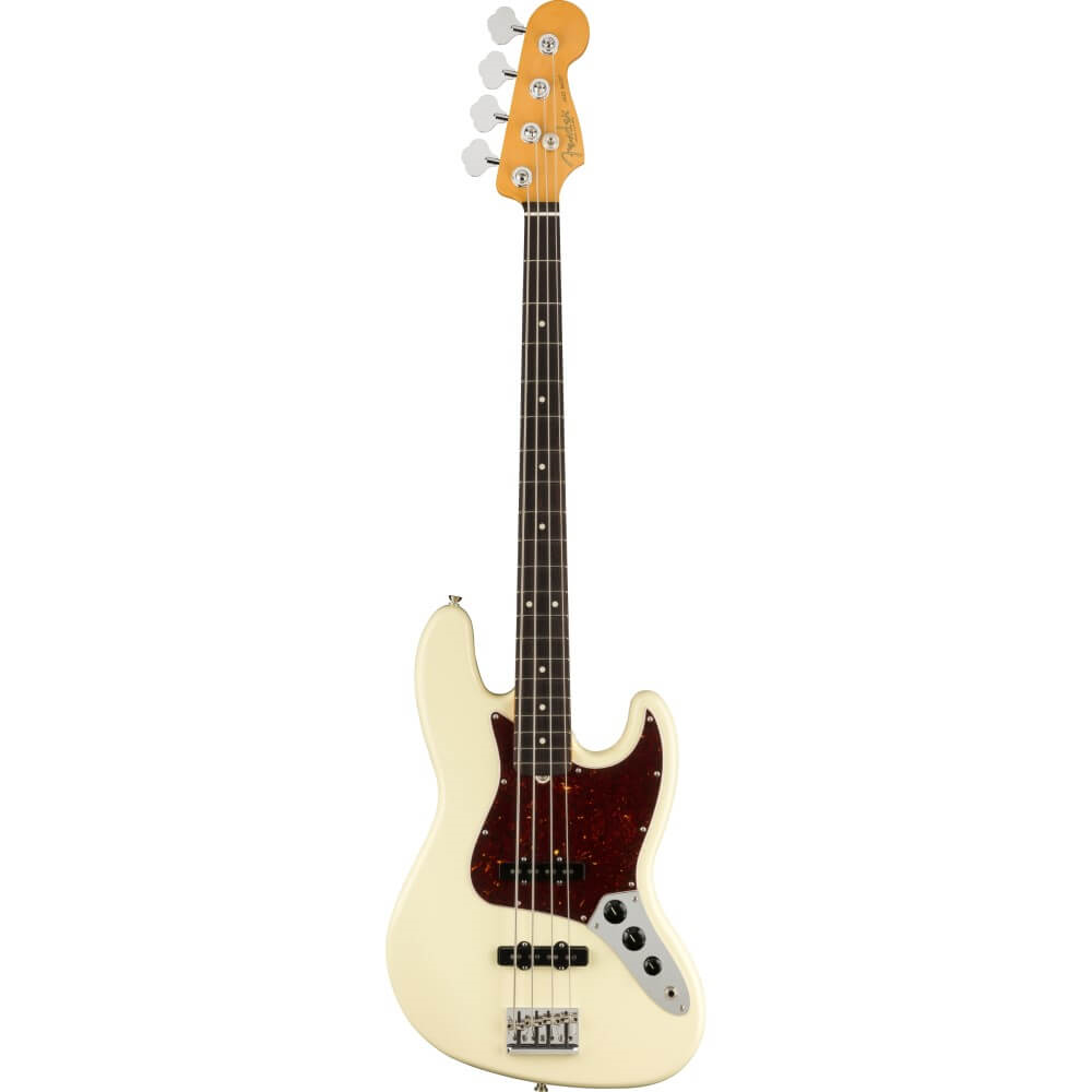Fender American Professional II Jazz Bass with rosewood fretboard in Olympic White, showcasing the sleek electric bass guitar.