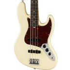 Fender American Professional II Jazz Bass guitar with rosewood fretboard in Olympic White, showing the instrument's body and strings.